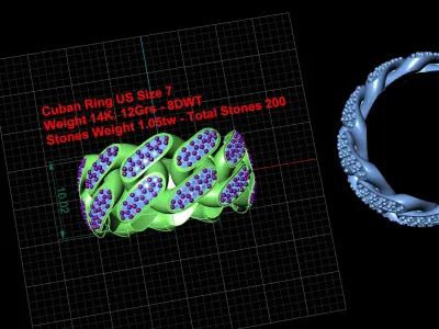 Cuban Link Ring with Double Line of Stones - Size 7 3D print model