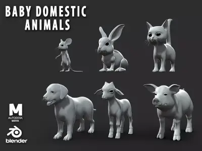 6 Baby Animal Domestic  Low-poly 3D model