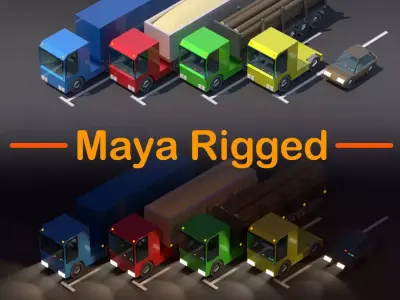 Truck Car Low Poly Pack Rigged 3D model Low-poly 3D model