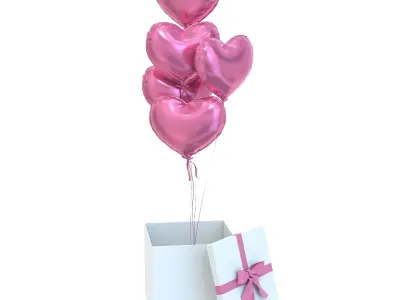 Heart Valentine Balloons and Gift Box Low-poly 3D model