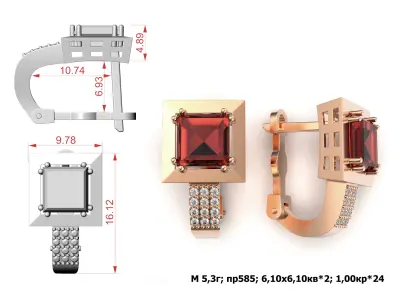 G0152 rhodium plated rose gold garnet and diamond earrings 3D print model