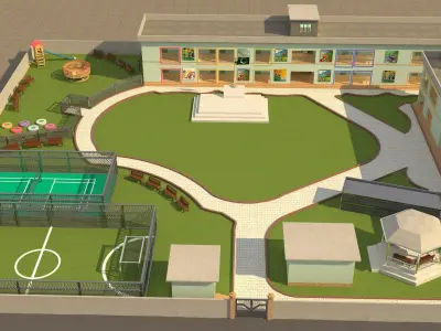 3D MODEL SCHOOL  WITH SPORTS COMPLEX   Low-poly 3D model