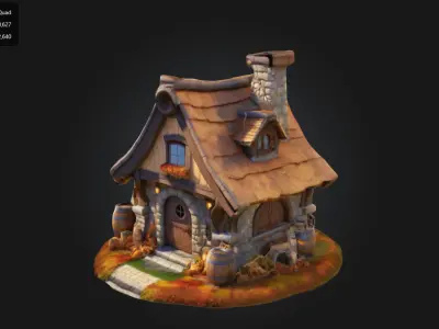 Stylized Medieval Autumn Cottage House 3D model