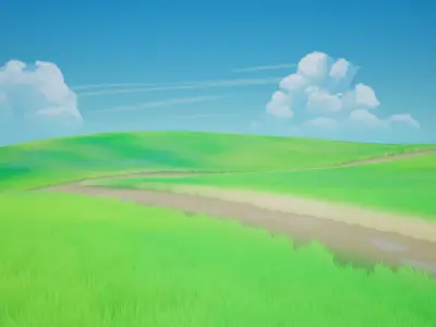 Ghibli Grass and Flowers with Clouds Stylized Field for UE5 Low-poly 3D model