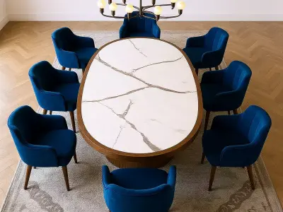 Modern Luxury Dining Set Marble Oval Table with Velvet Chairs 3D model