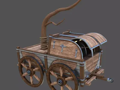 Caravan - 3 wooden wagon with tree 3D model