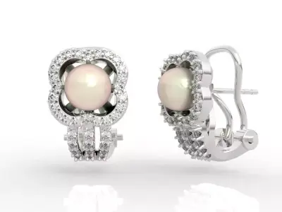 Flower Pearl and Diamond Stud Earrings 3D print model