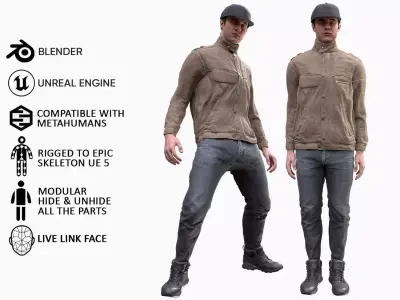 Man - Autumn Outfit 4 - Modular - Rigged Low-poly 3D model