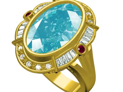 Aquamarine Stone Diamond Halo Art Deco Ring 3D print model