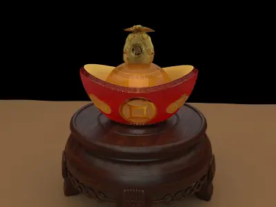 Chinese gold ingot piggy bank with money bag  3D model