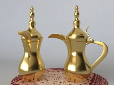 Dallah two golden coffee pots on table 3D model