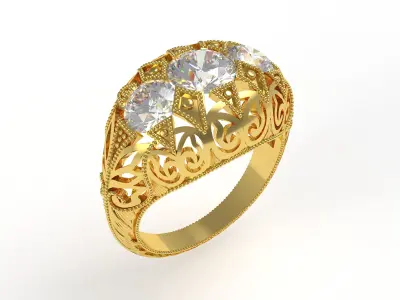 Three Stone Art Deco Ring 3D print model