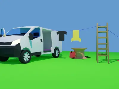Low poly van with clothes and ladder 3D model
