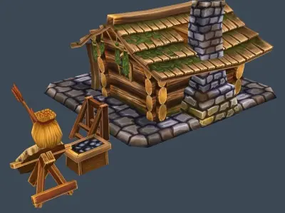 Cartoon Old Wooden Forest House Building Low-poly 3D model