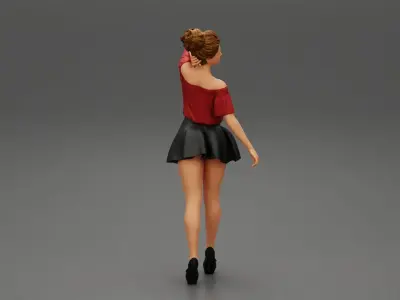 Girl walking wrearing a mini leather skirt and shirt 3D print model