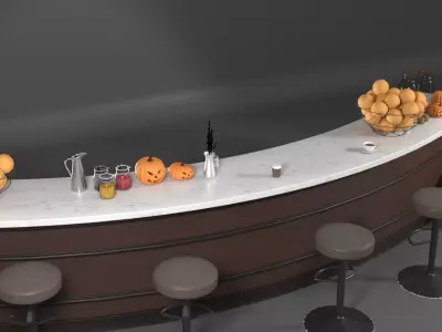 Curved Cafe Counter with Halloween Props Pack 3D model