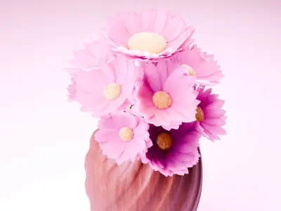 Low poly pink flowers in a wooden vase  Free low-poly 3D model