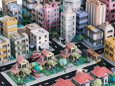 Simple City Town Low Poly Assets VR - AR - Game 3D model Low-poly 3D model