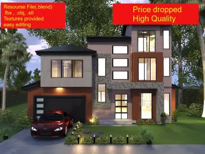 Modern Luxury house Exterior 3D model with environment and a Car Low-poly 3D model