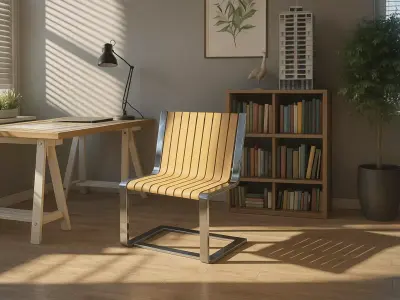 Title Modern Slatted Wood and Steel Cantilever Chair Low-poly 3D model