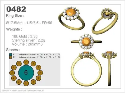 Luxury margerite gold ring 6Mm diamond 3D print model
