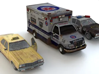 Old Rusty ambulance police and taxi car mini pack Low-poly 3D model