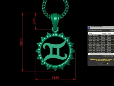 Sun Gemini Light Gold Pendant Version 7 3D print model