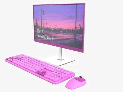 Wireles Computer Set Keyboard Mouse Monitor Baby Pink Version 3D model