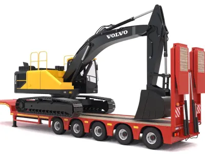 Lowboy Trailer with Excavator Volvo EC300E 3D model