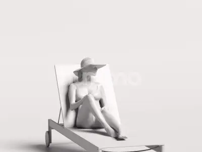 Humano Woman in swimsuit hat sitting sunbed pool-2511-050-7489 3D model