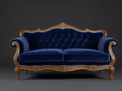 Royal Velvet Blue Sofa Classic French Style Low-poly 3D model