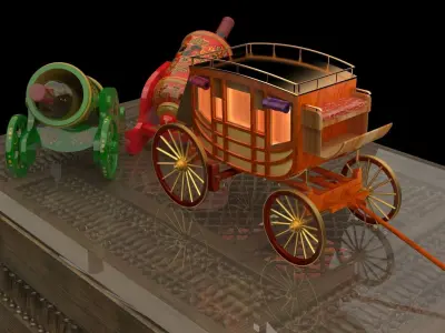 Chinese table with wine bottle and stagecoach 3D model