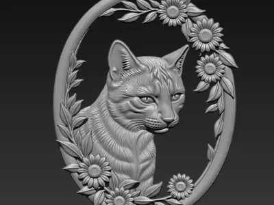 Cat Head with Flowers Border A89 3D print model