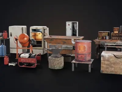 Set of workbenches and tools Low-poly 3D model