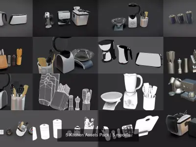 5 Kitchen Assets Pack 3D Model Collection