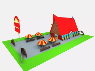 Low-Poly food circus tent with tables and umbrellas Free low-poly 3D model
