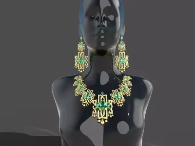 jwellery gold necklace and earrings set on mannequin 3D model