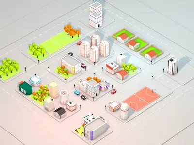 Low Poly City with buildings and trees Low-poly 3D model