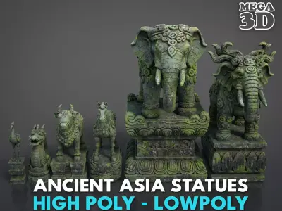Ancient Asia Stone Statue Pack D - 250602 Low-poly 3D model