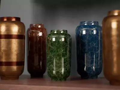 Vase Collection three vases with flowers on shelf Low-poly 3D model