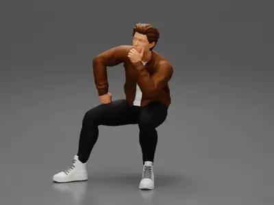 man in leather jacket sitting in thinking pose 3D print model
