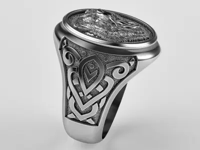 Men ring with a bear and an ornament 3D print model