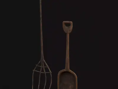 Rustic Medieval Wooden Shovel and Rake Low-poly 3D model
