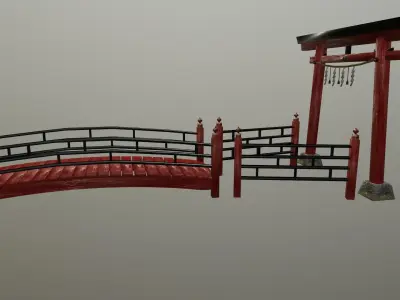 Torii gate bridge and fence Low-poly 3D model