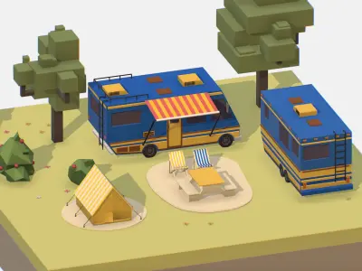 blue tourist van on halt in meadow Low-poly 3D model