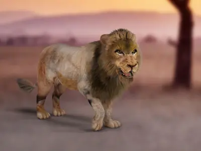 Fur Lion Rigged in Blender  Low-poly 3D model