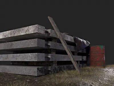 Construction scene Barrel and concrete slabs Free low-poly 3D model