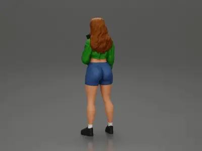 sporty happy girl standing in mini jacket short with long hair 3D print model