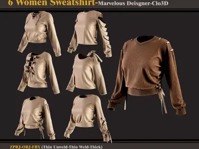 6 Women Sweatshirt -MD-Clo3D -ZPRJ - FBX - OBJ 3D model