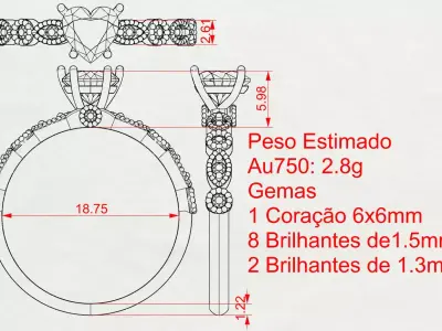 Heart gemstone ring with detailed band and brilliant stones 3D print model
